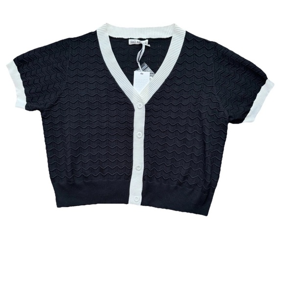 Grace Karin 2XL Black White Short Sleeve Cardigan Open Knit Sweater Preppy NWT - Picture 1 of 10